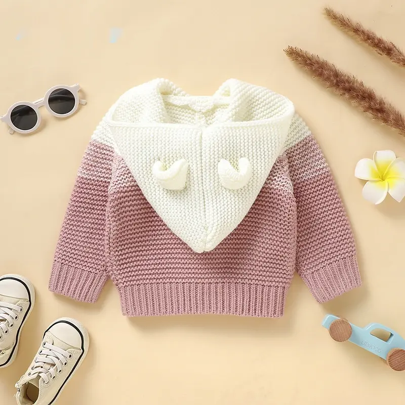 Baby Knitted Cable-Striped Hooded Cardigan Knitted Top Outerwear