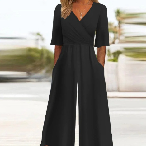 Summer Elegant V-Neck Jumpsuit With Three-Quarter Sleeves And Wide Legs