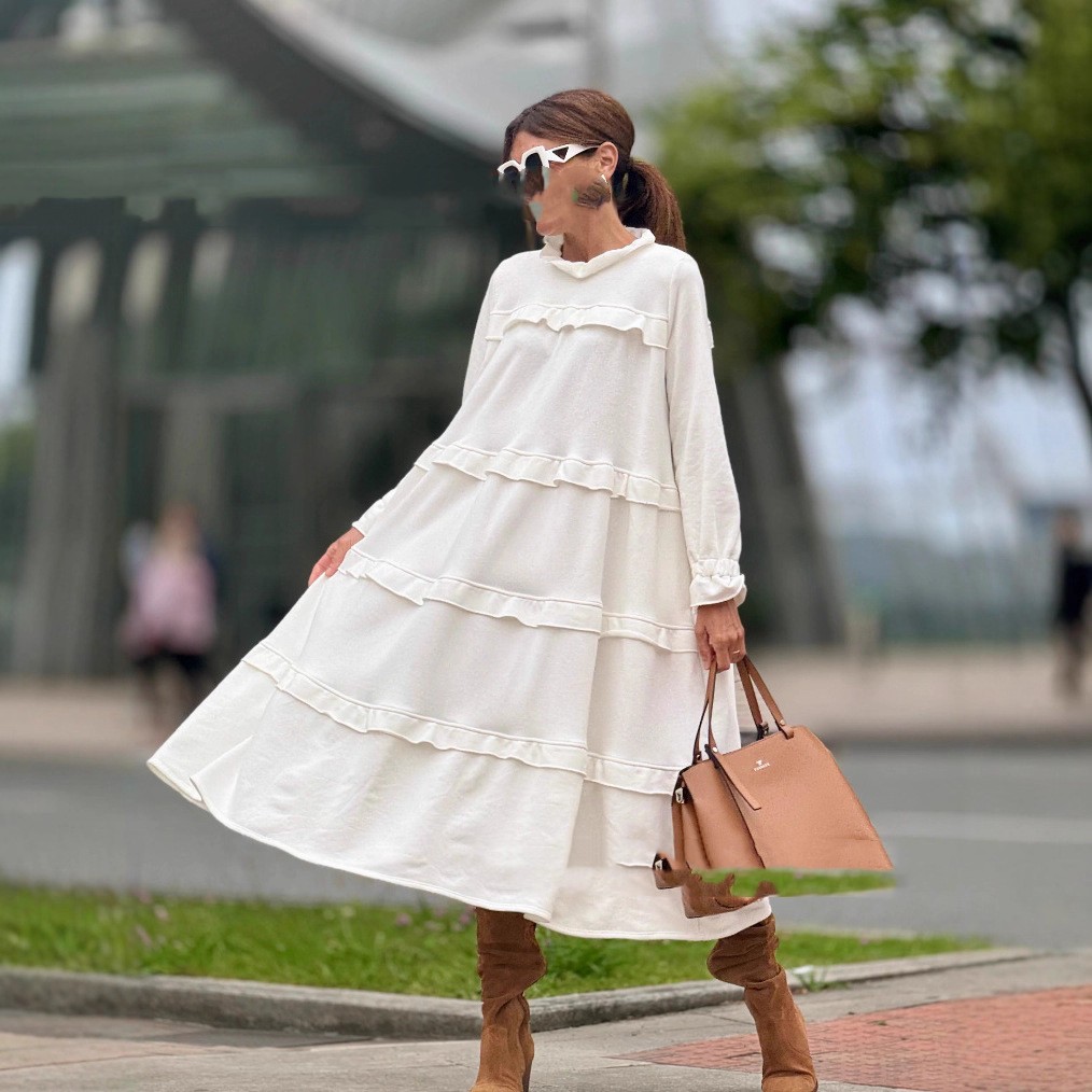 Women's Long Sleeve Patchwork Round Neck Ruffles Dress