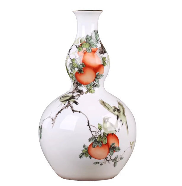 Ceramic Gourd Vase with Wooden Base