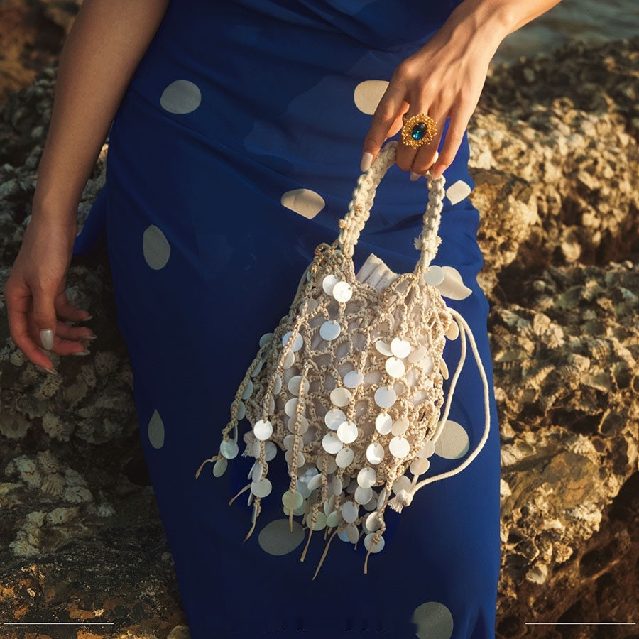 French-style Retro Sequined Woven Tassel Cotton-Linen Shell-shaped Hollow Elegant Clutch Bag