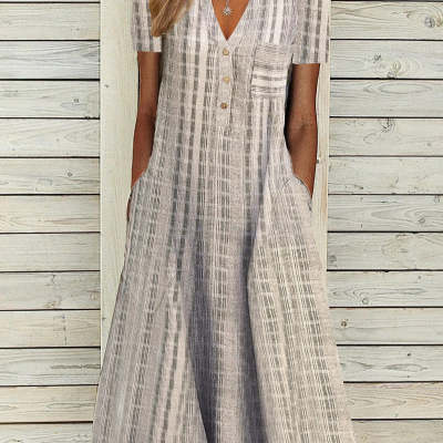 Fashionable Pocketed V-Neck Striped Casual Dress For Women