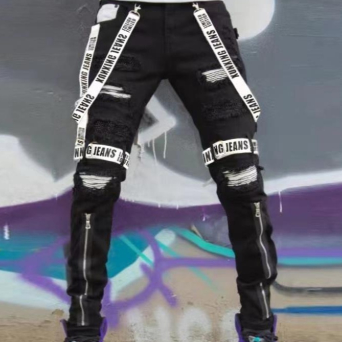 Ripped Slim-fit Mens Fashion Pants With A Zipper