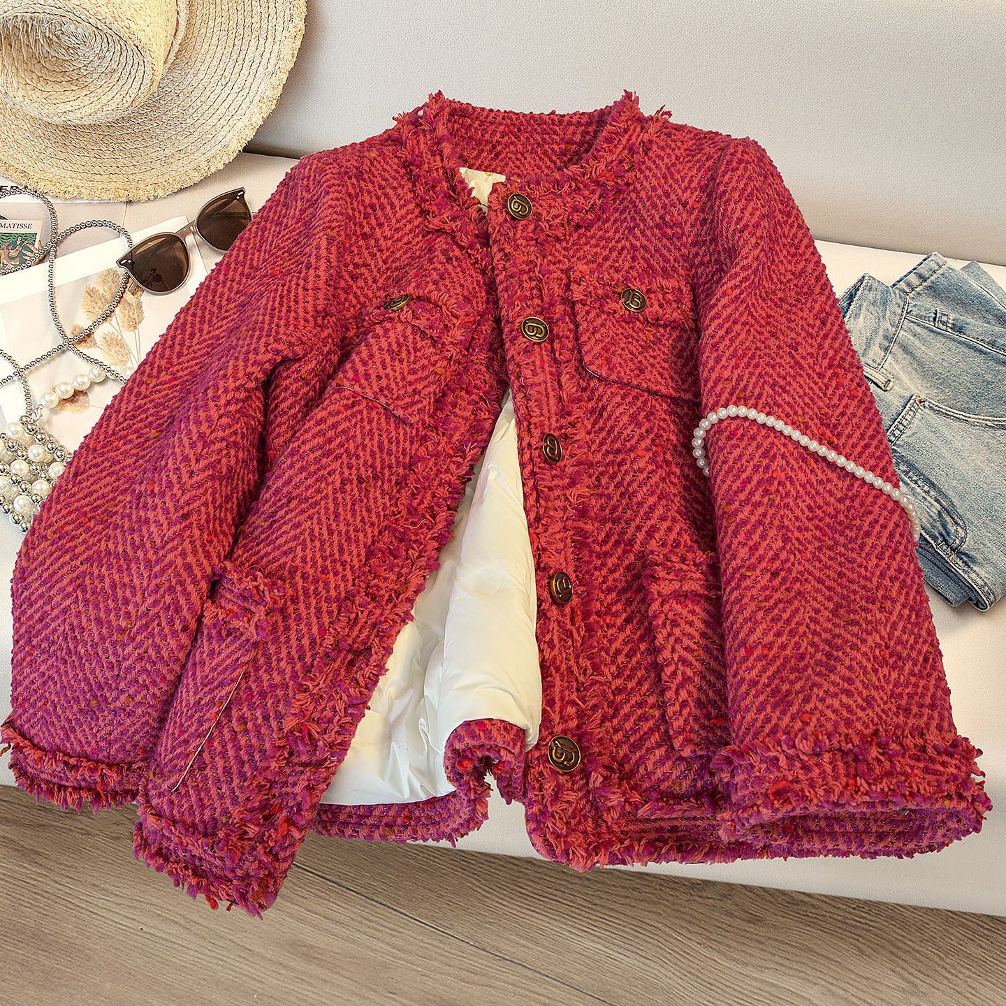 Womens Round-Neck Short Merino Wool Top Single-Breasted Down Jacket