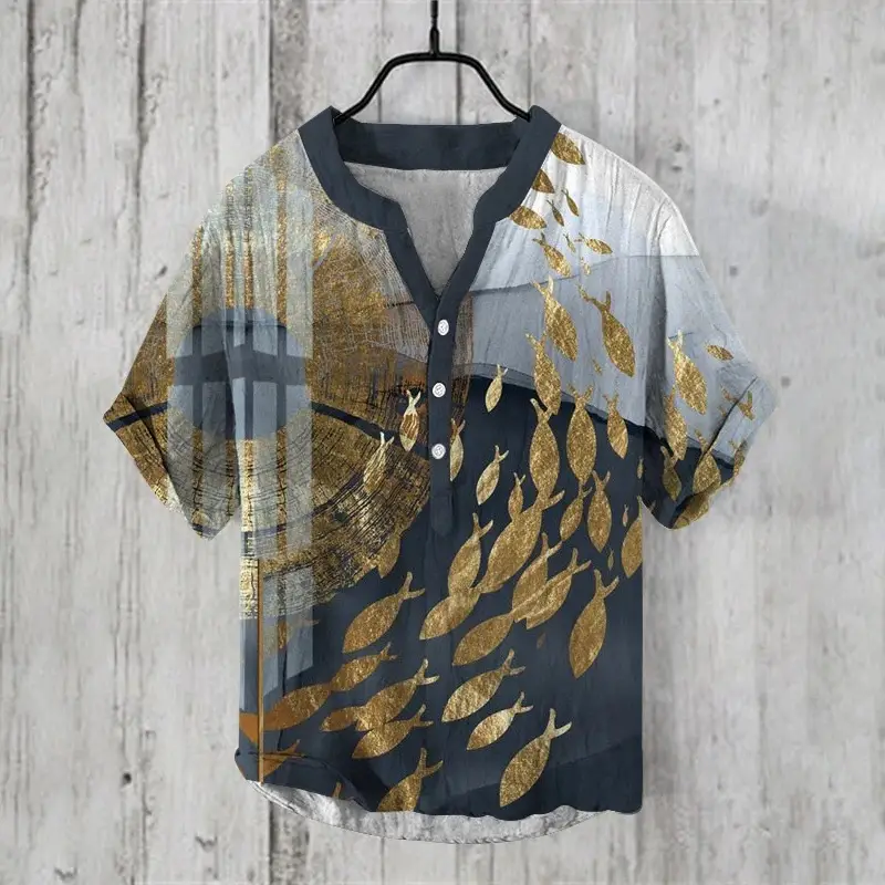 Men's Short-sleeve Shirt V-neck Button-up Top Vintage Style