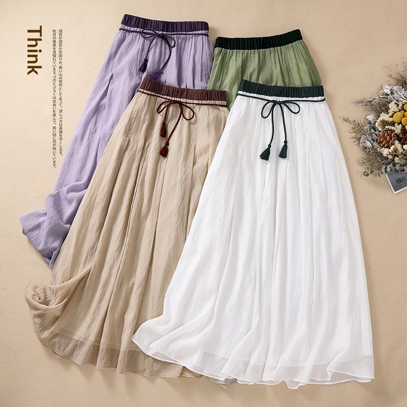Solid-color Elastic-waist A-line Midi Skirt