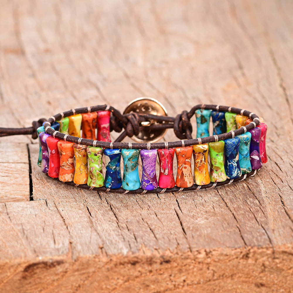 Bamboo-Section Multi-Colored Imperial Stone Cattlehide Braided Bracelet