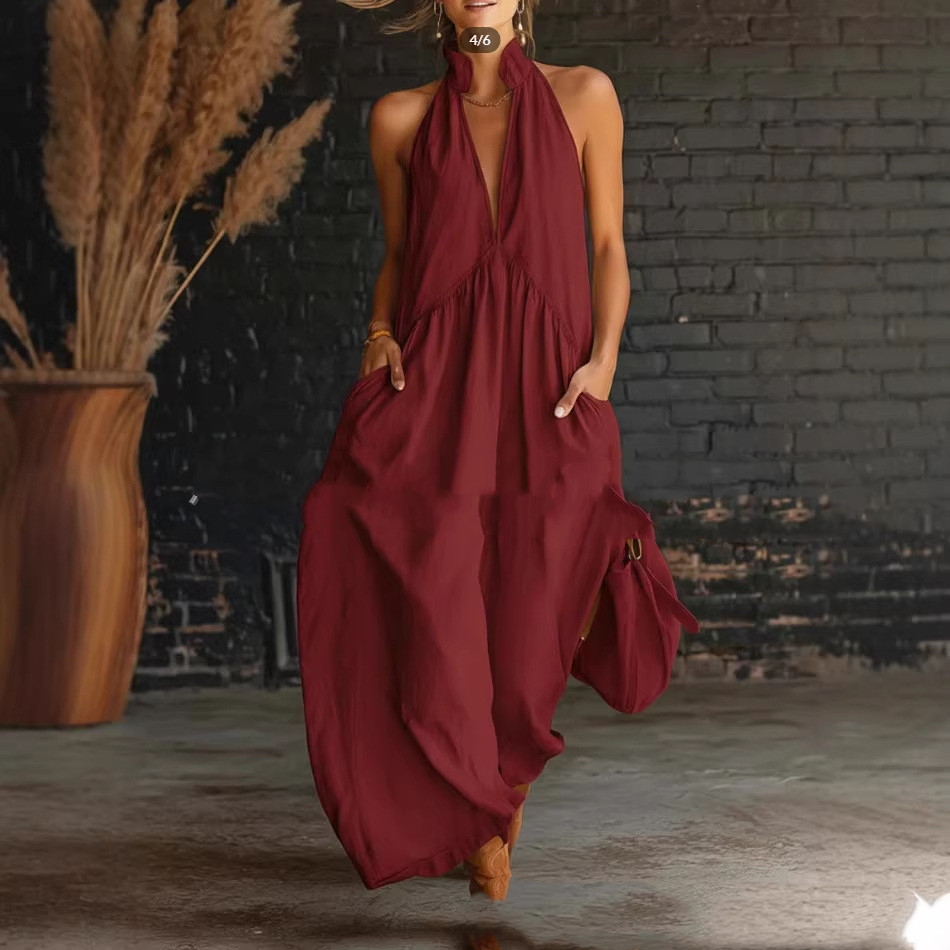 Elegant Resort-Style Mandarin-Collar Cotton-Linen Dress