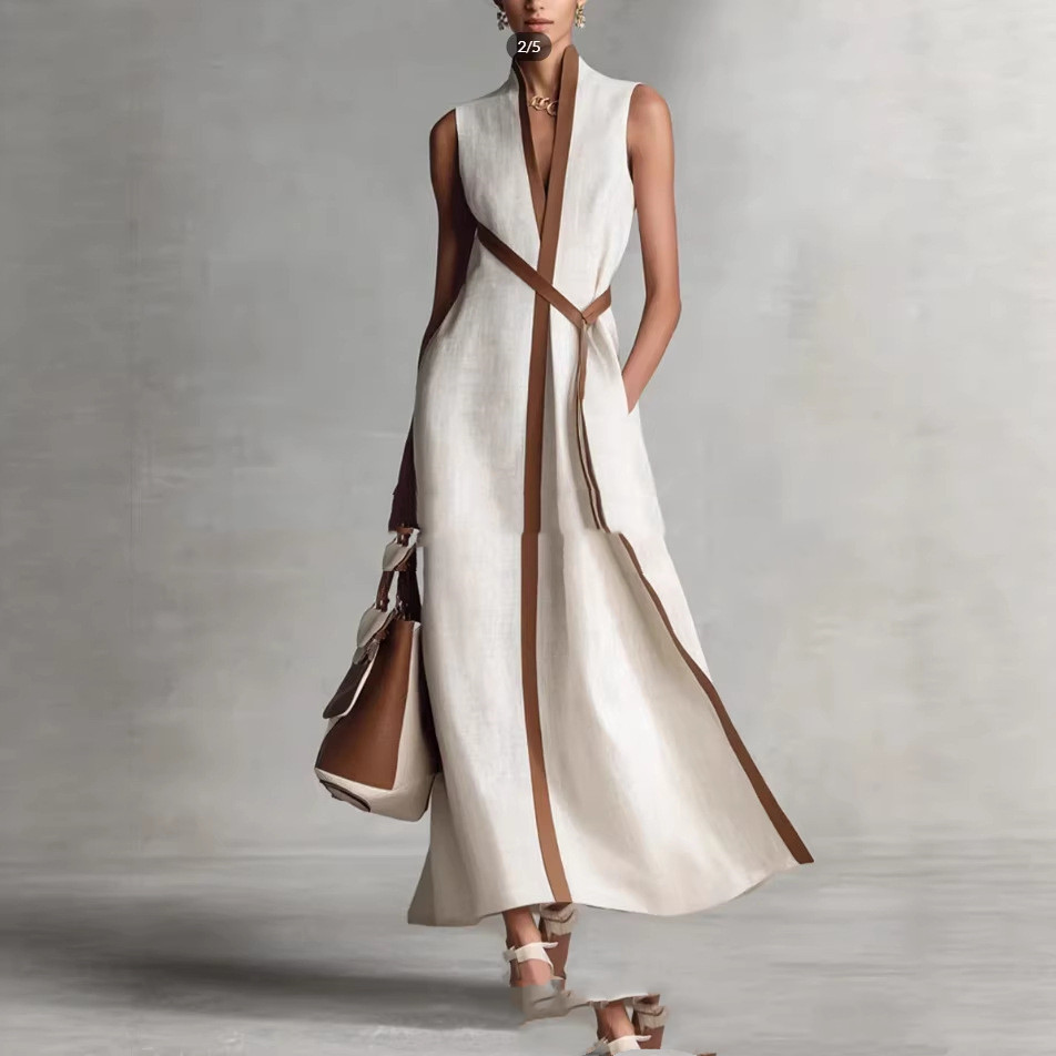 Stand-up Collar Sleeveless Casual Contrast-color Loose Dress