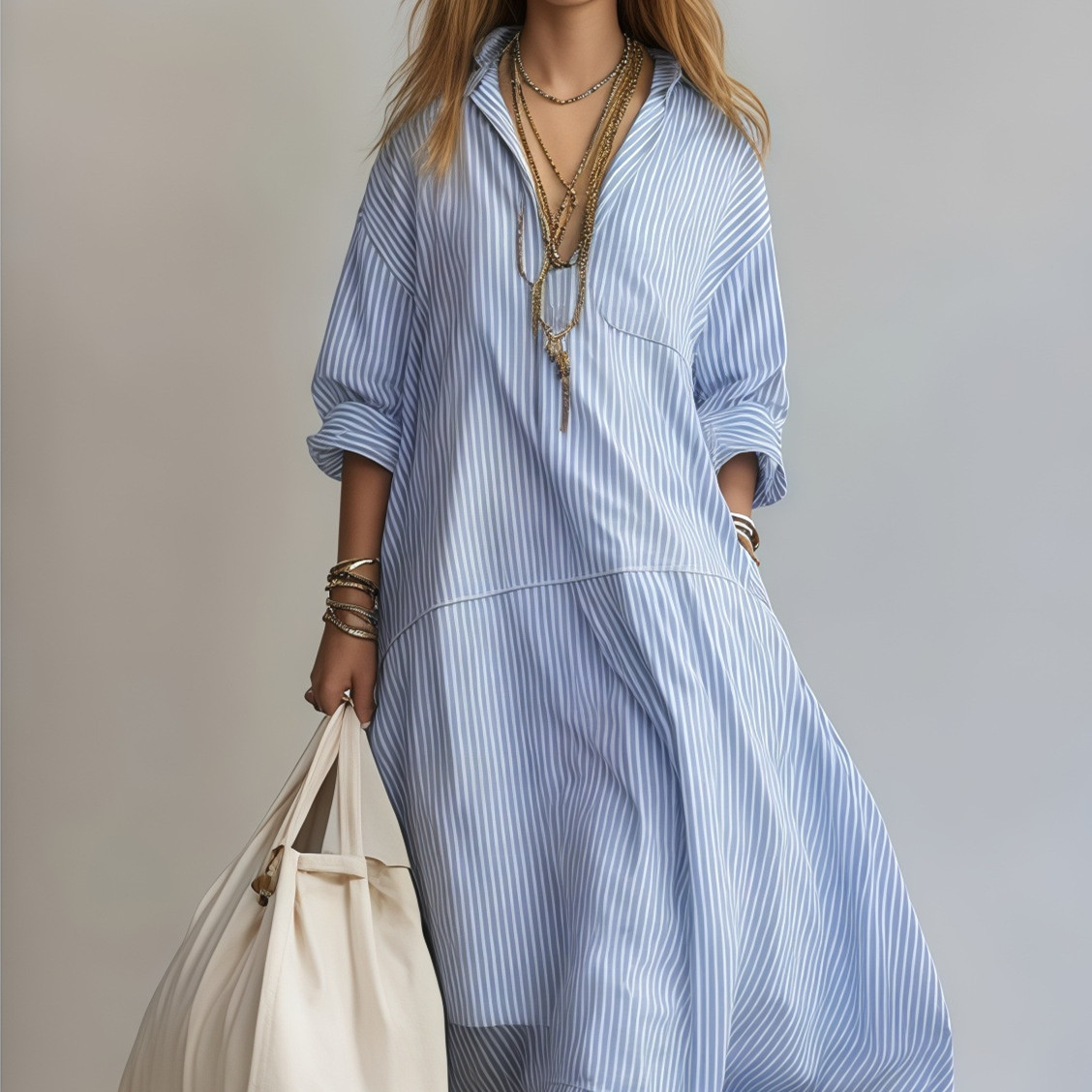 Women's Casual Striped Loose Long-Sleeve Dress
