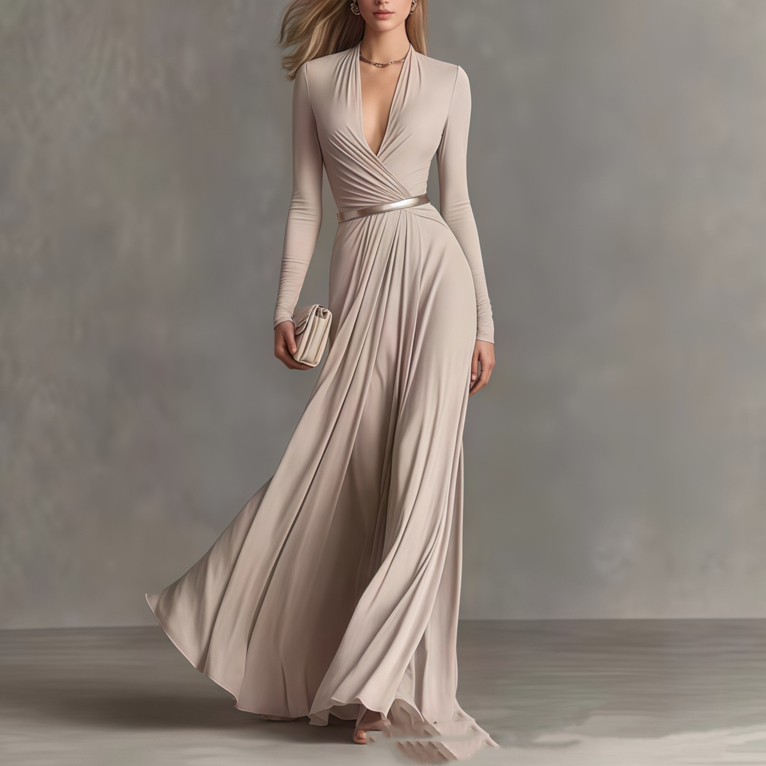 Solid-color Textured Long-sleeve Elegant French-style Dress
