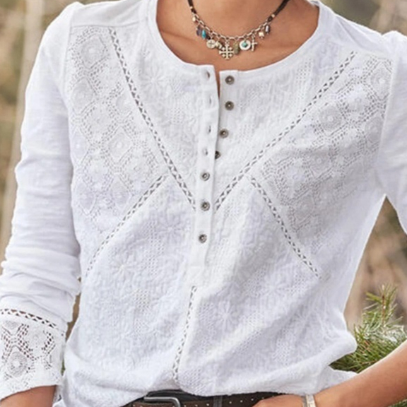Womens Fashion Hollow-Out Elegant Cotton Lace Crew-Neck Top