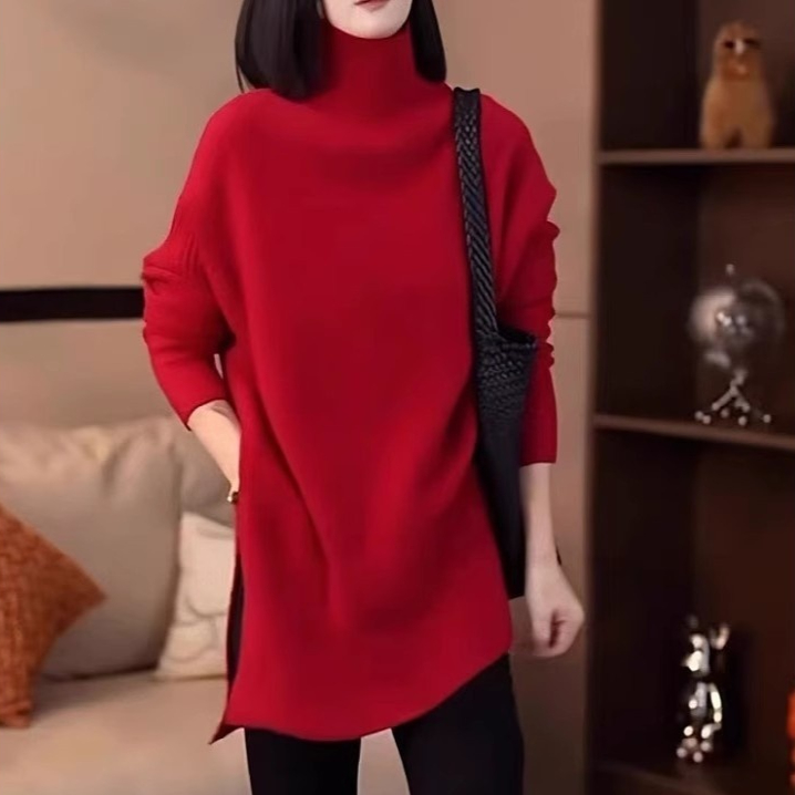 Mid-length Womens Asymmetrical High-neck Split Sweater