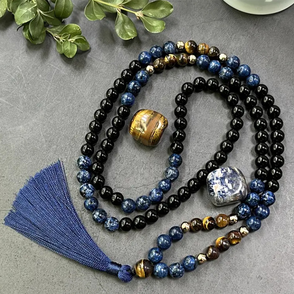 108 8mm Tassel Mala Beads in Navy Blue and Black
