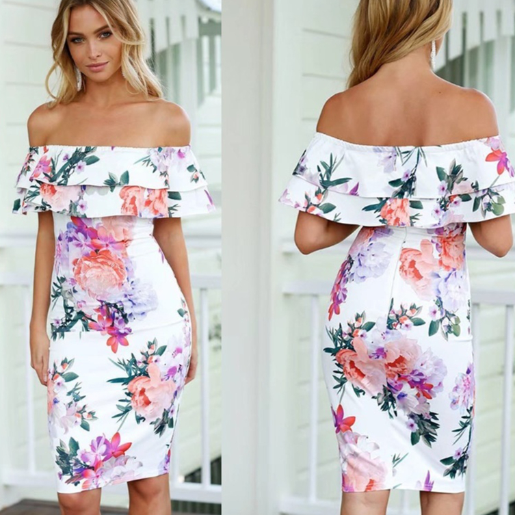 Off-Shoulder Ruffled Hem Printed Slim-Fit Pencil Dress