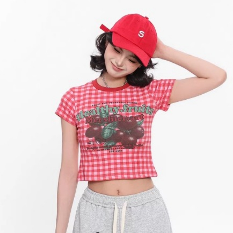 Women's Retro Red Plaid Off-Shoulder Short Sleeve Top With Cherry Print