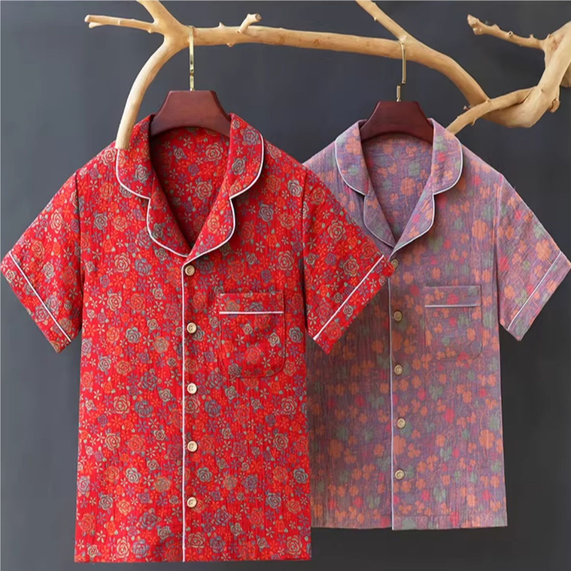 Chinese Style Pure Cotton Color Double-layer Cotton Yarn Short Sleeved Shirt