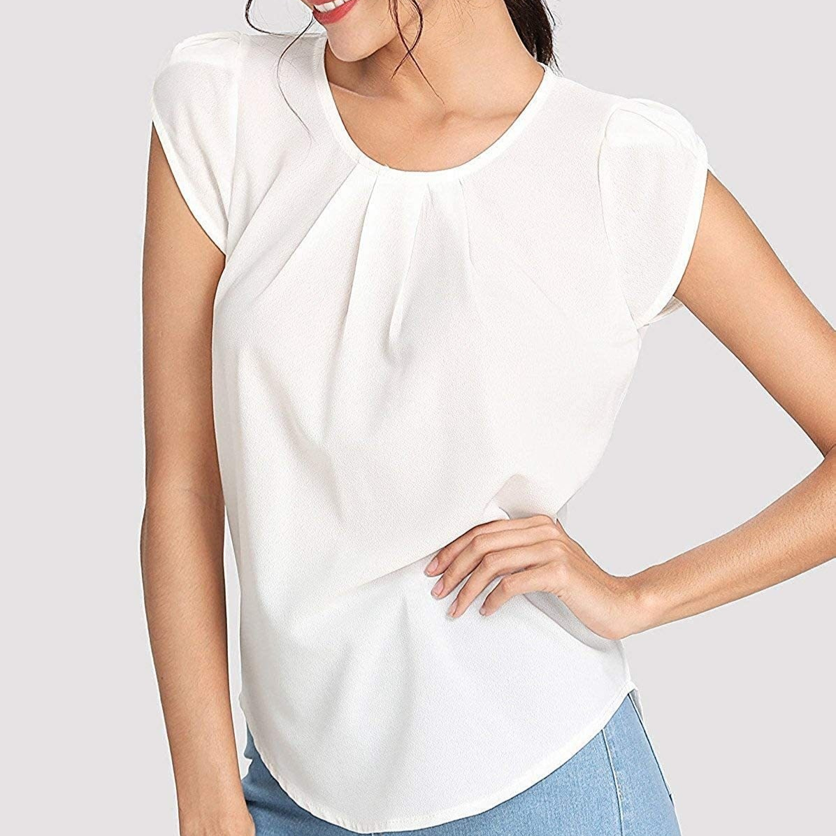 New Solid-color Button-up Short-sleeve Womens Top