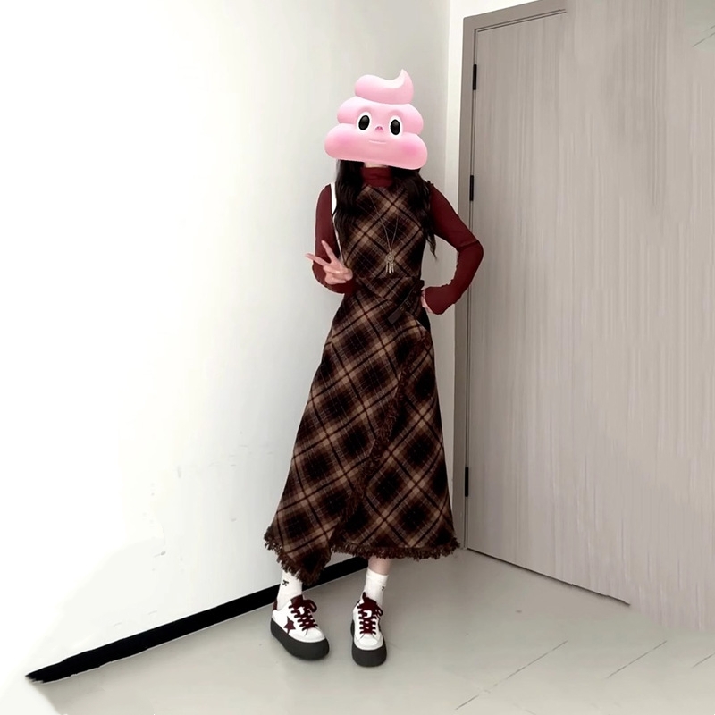 AutumnWinter New Style French-style Sophisticated Red Plaid Dress For Women