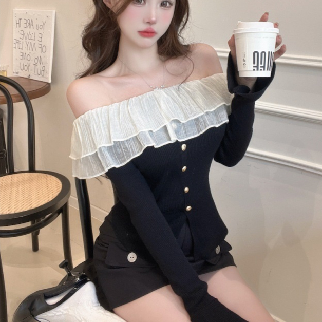 Off-shoulder Knit Slimming Long-sleeve Top