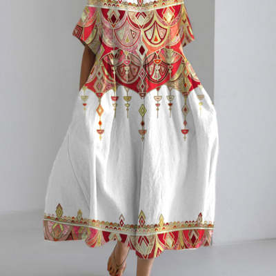 Digital-print Short-sleeve Loose Plus-size Dress For Women