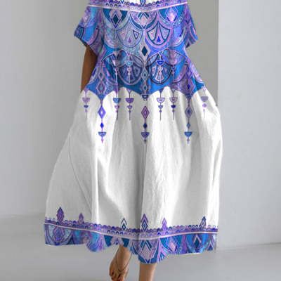 Womens Loose Round-Neck Fashionable High-End 3D Printed Dress