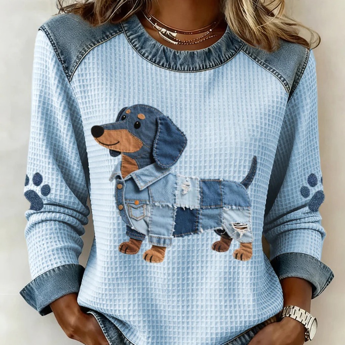 Womens Denim Round-Neck 3D Digital Print V-Neck T-Shirt