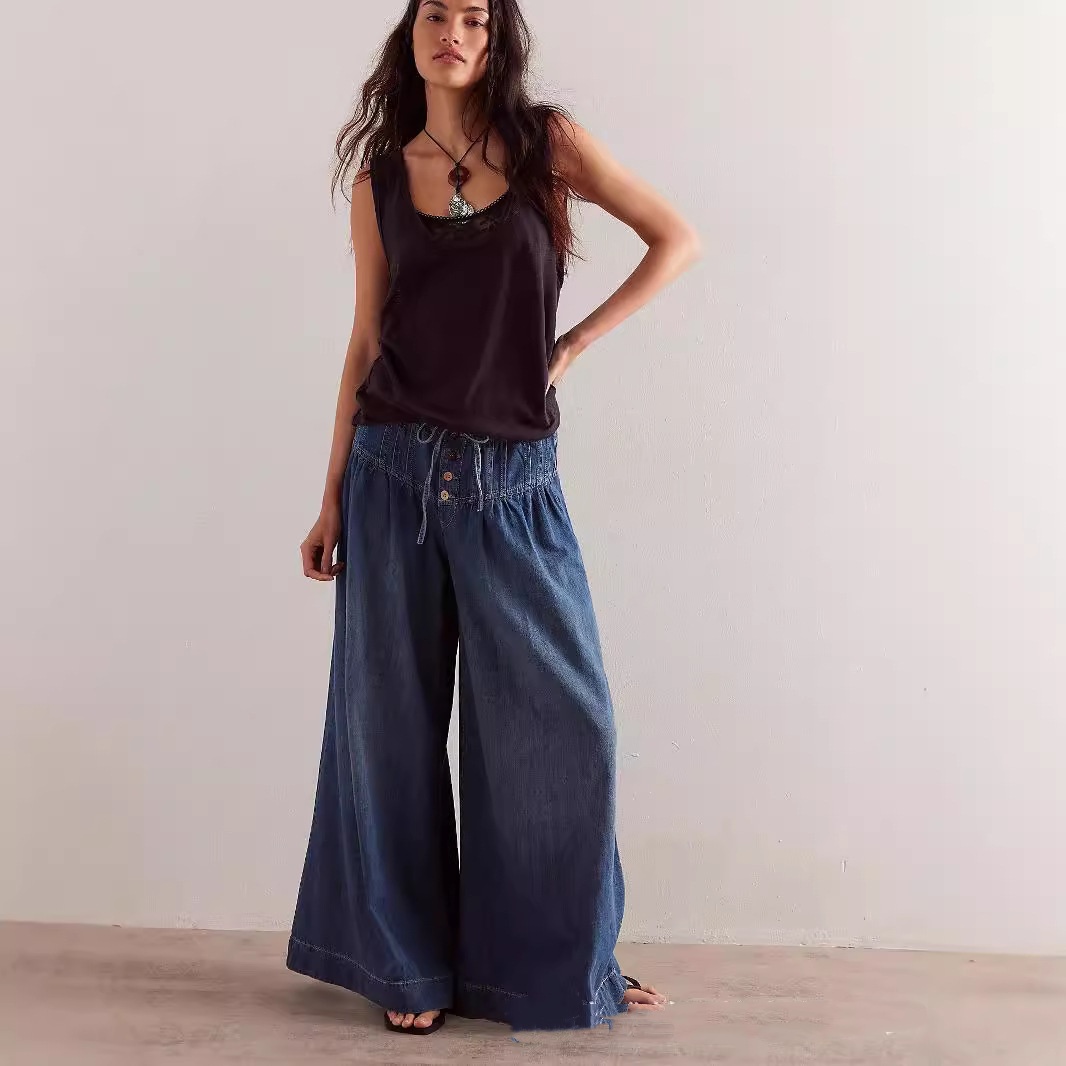 Womens Pleated Mid-Waist Lace-Up Loose Wide-Leg Denim Jeans