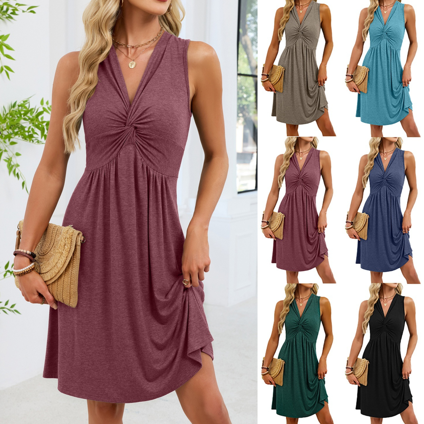 Solid-color Sleeveless V-neck Dress For Women