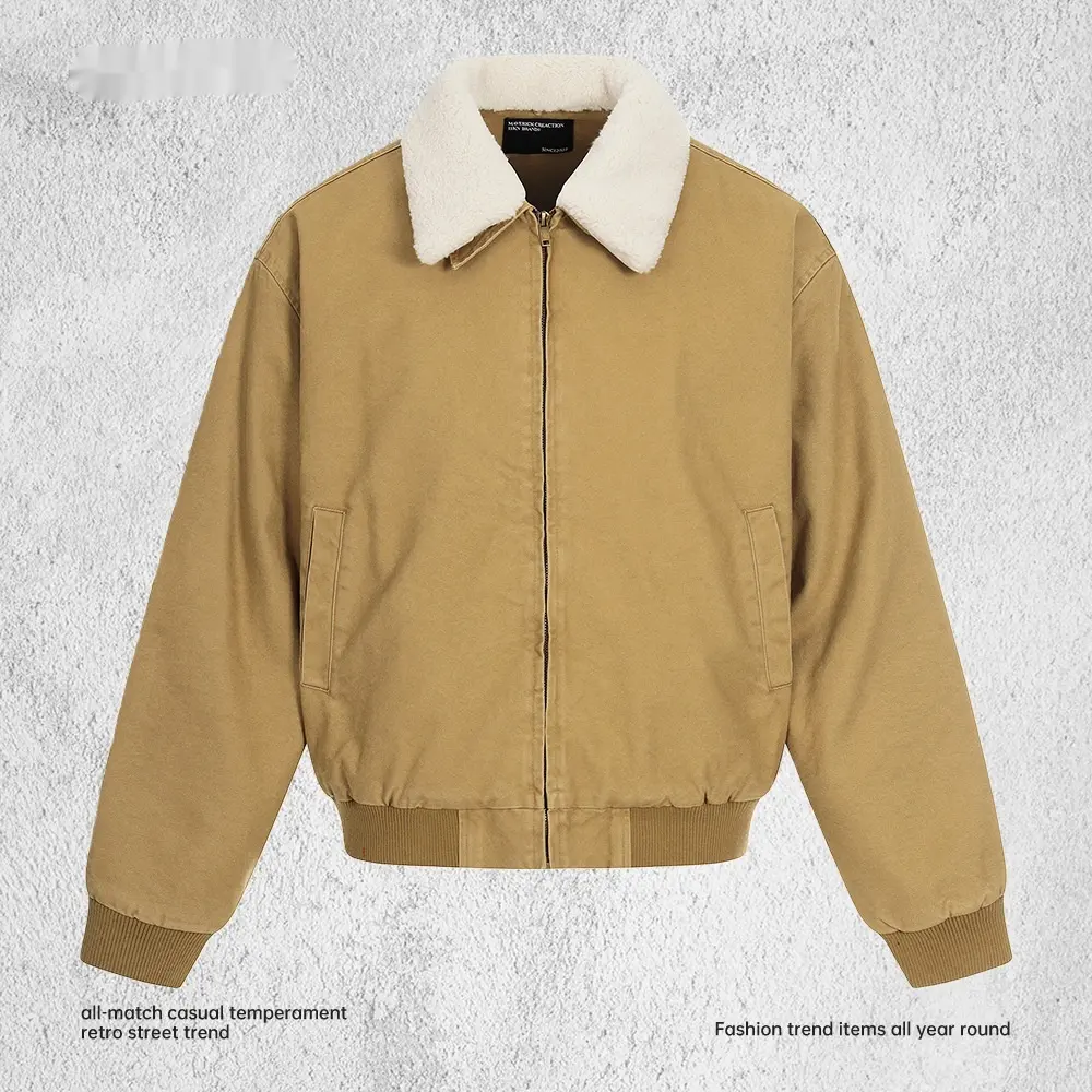 Contrasting Color Fleece-Lined Jacket With Fur Collar Men's Loose Fit