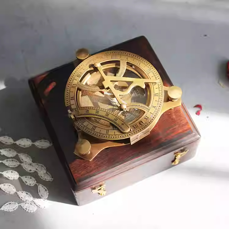 Brass vintage solid wood box sundial compass (retro sundial)