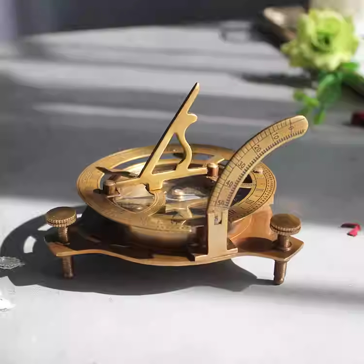 Brass vintage solid wood box sundial compass (retro sundial)