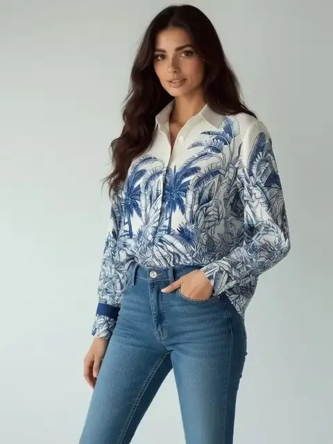 New Retro Casual Womens Loose Effortless Western-Style All-Match Long-Sleeve Shirt