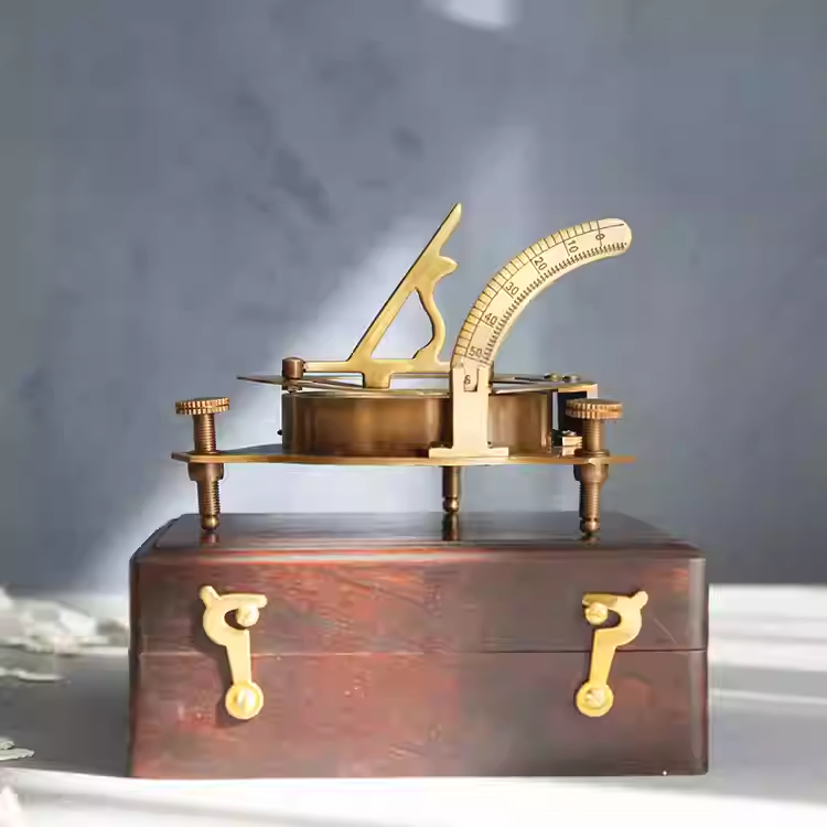 Brass vintage solid wood box sundial compass (retro sundial)