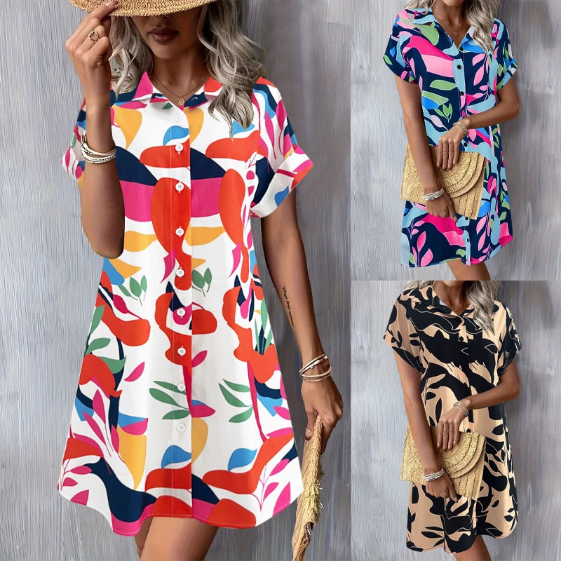 Fashionable Chic Commuter Short-Sleeve Printed Button-Up Dress For Women
