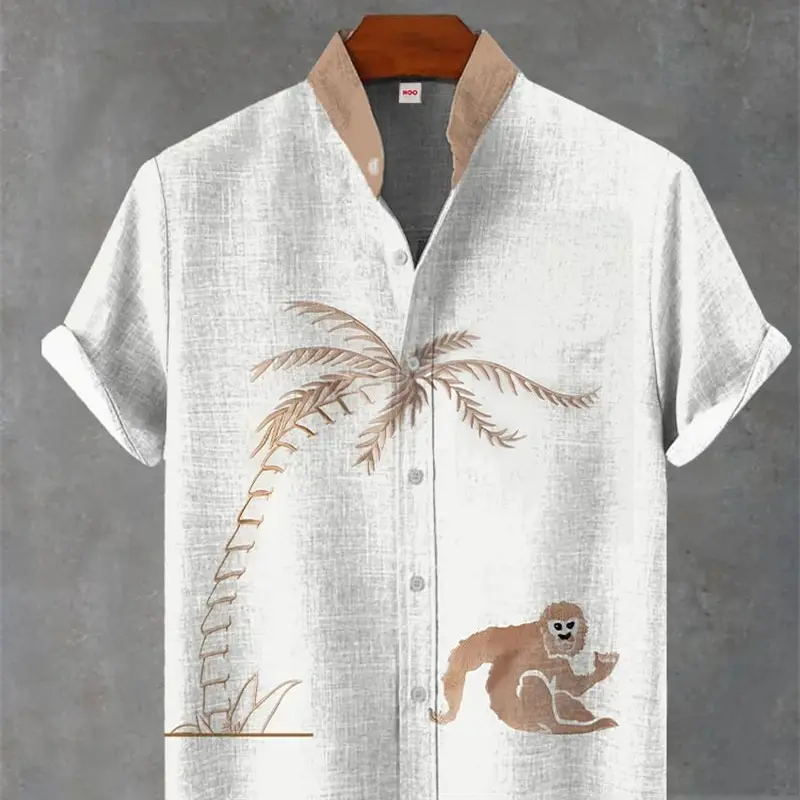 Linen Short-sleeve Mens Printed Hawaiian Casual Shirt