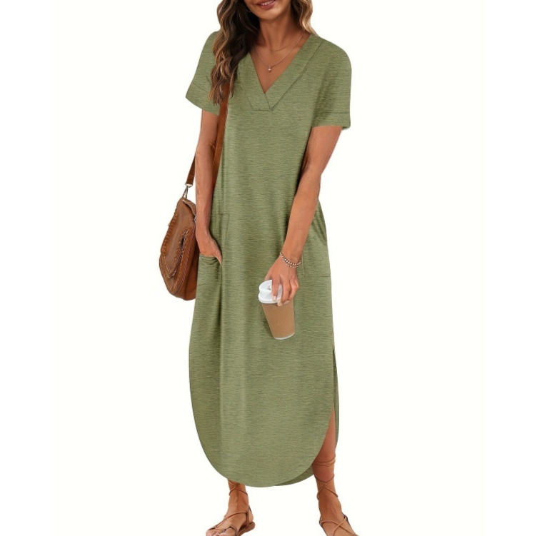 Loose  Casual Short-Sleeve V-Neck Split Dress For Women