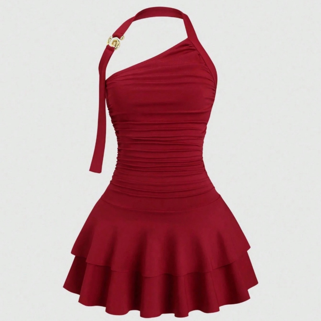 One-Shoulder Halterneck Slimming Waist-Cinching Pleated Skirt Pure And Alluring Versatile Off-Shoulder Dress