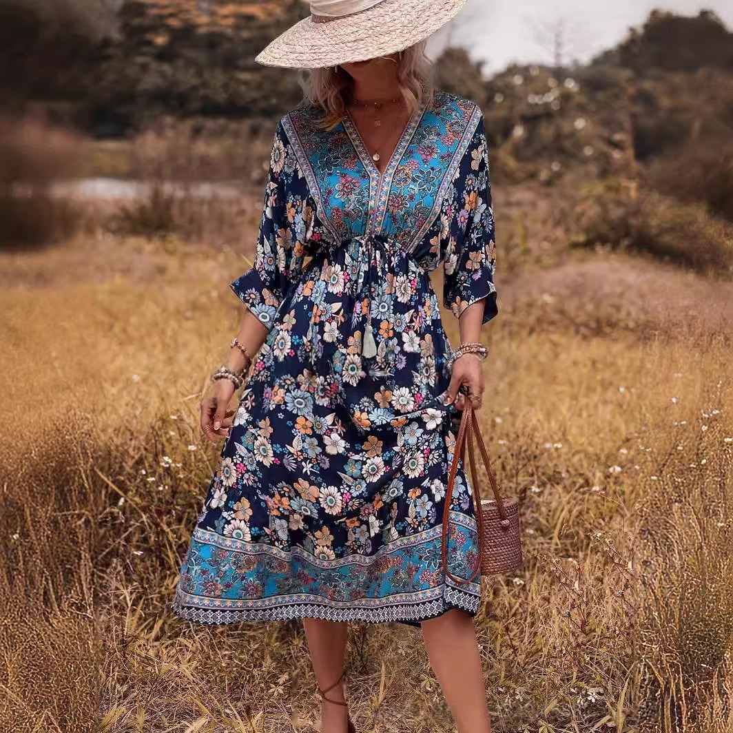 Womens Bohemian Printed Dress With Regular Sleeves