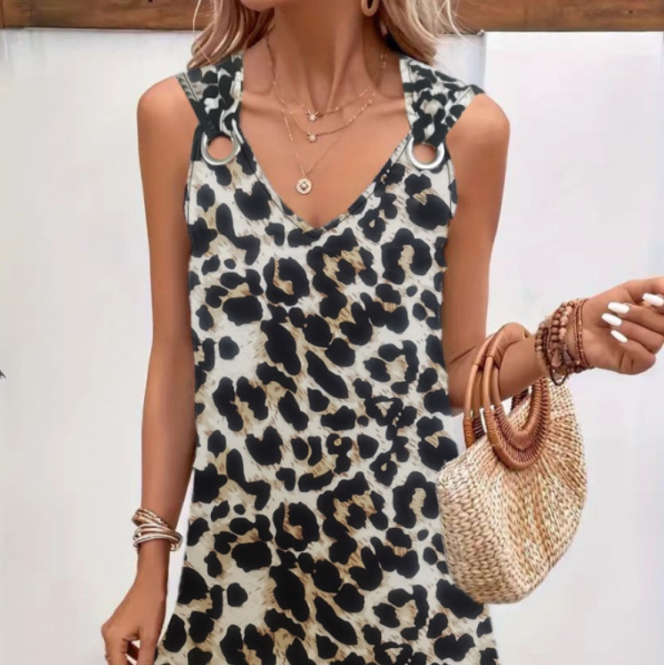 Sleeveless V-neck Dress With Metal Buttons For Women