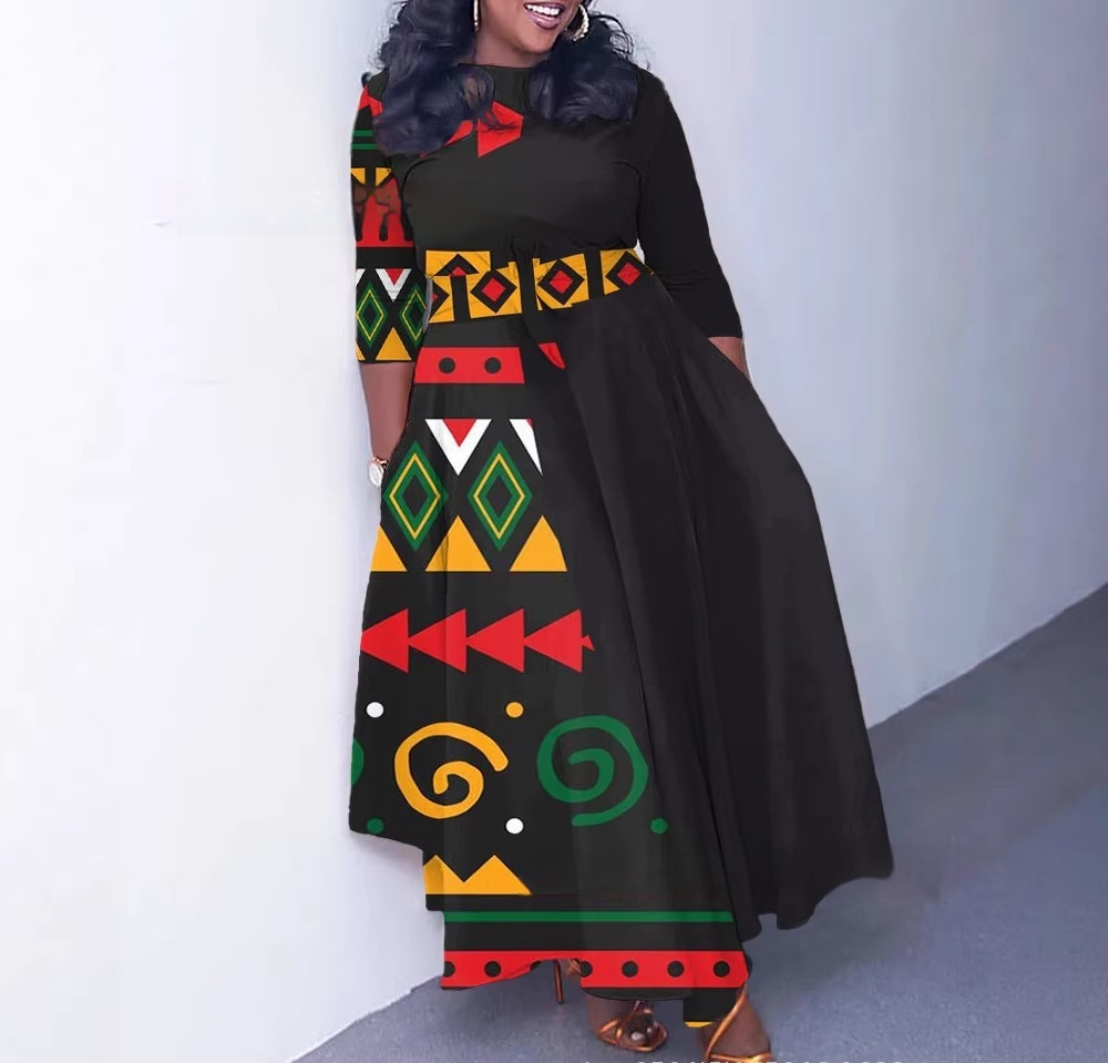 Womens 3D Digital Print Crew Neck Long Sleeve Pocketed Dress Plus Size Maxi Dress