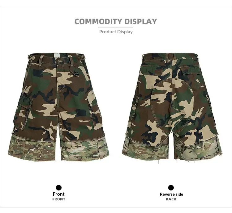 Camouflage Color-Block Loose Wide-Leg Denim Cropped Shorts