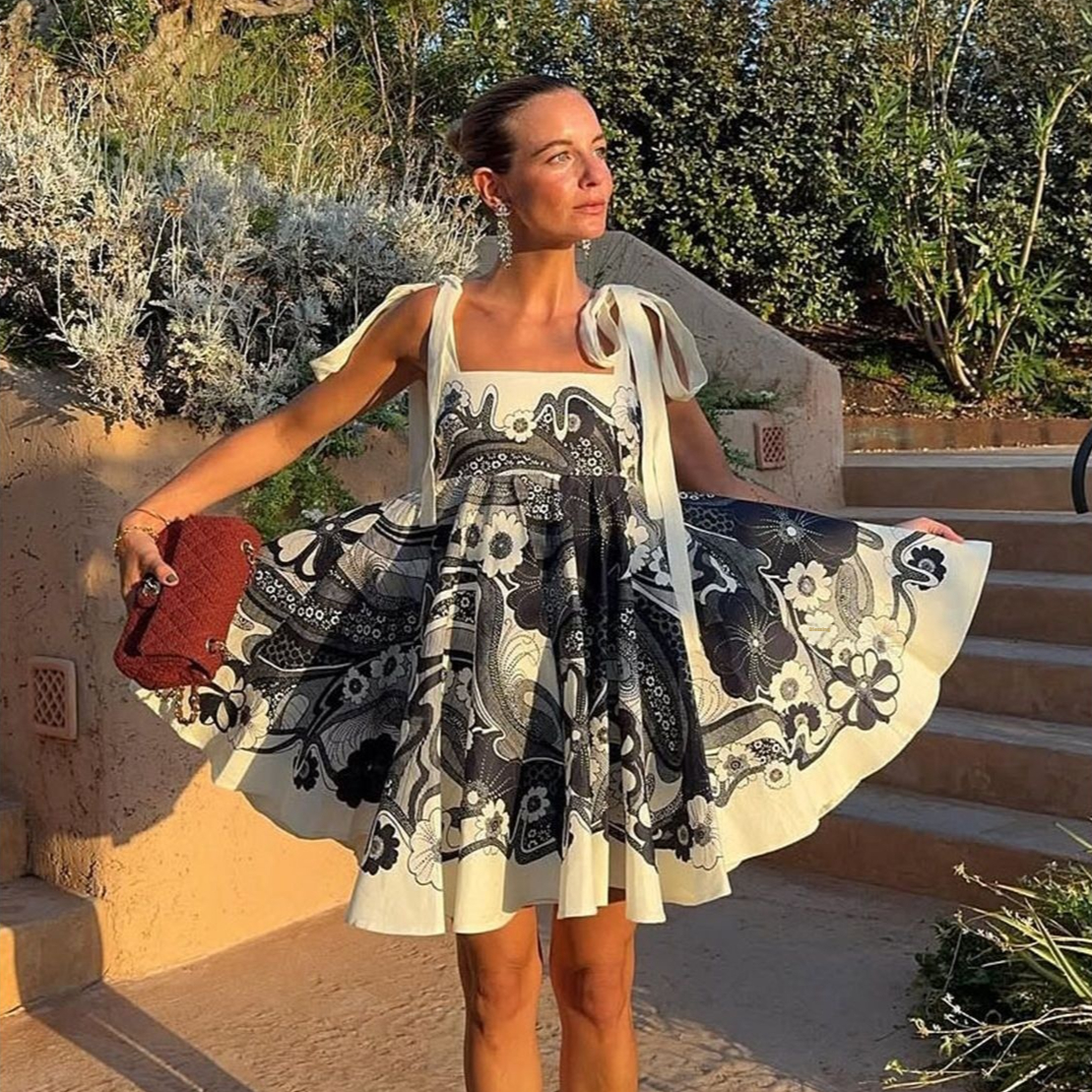 Spring Summer Resort Style Printed Lace Up Short Dress