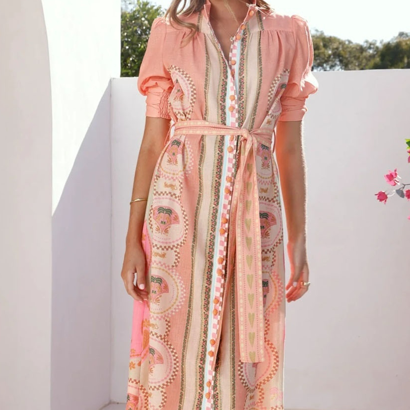 Printed Fashionable Lace-up Mid-Length Dress For Women