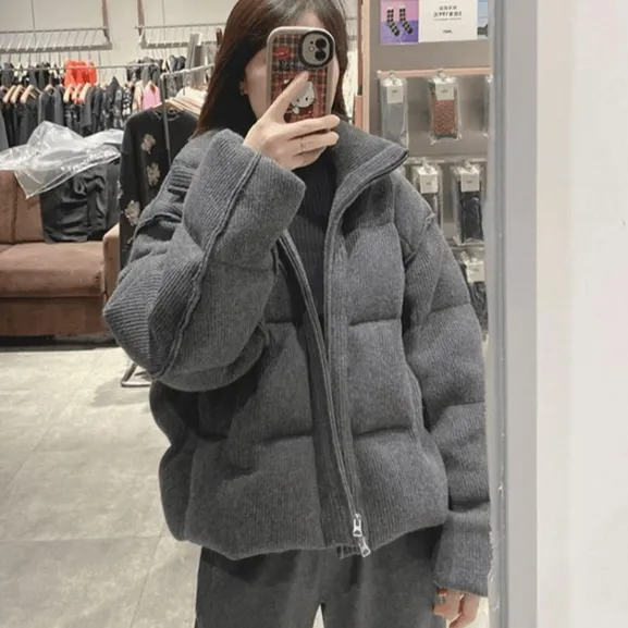 Korean-style Retro Gray Stand-collar Corduroy Loose Cotton