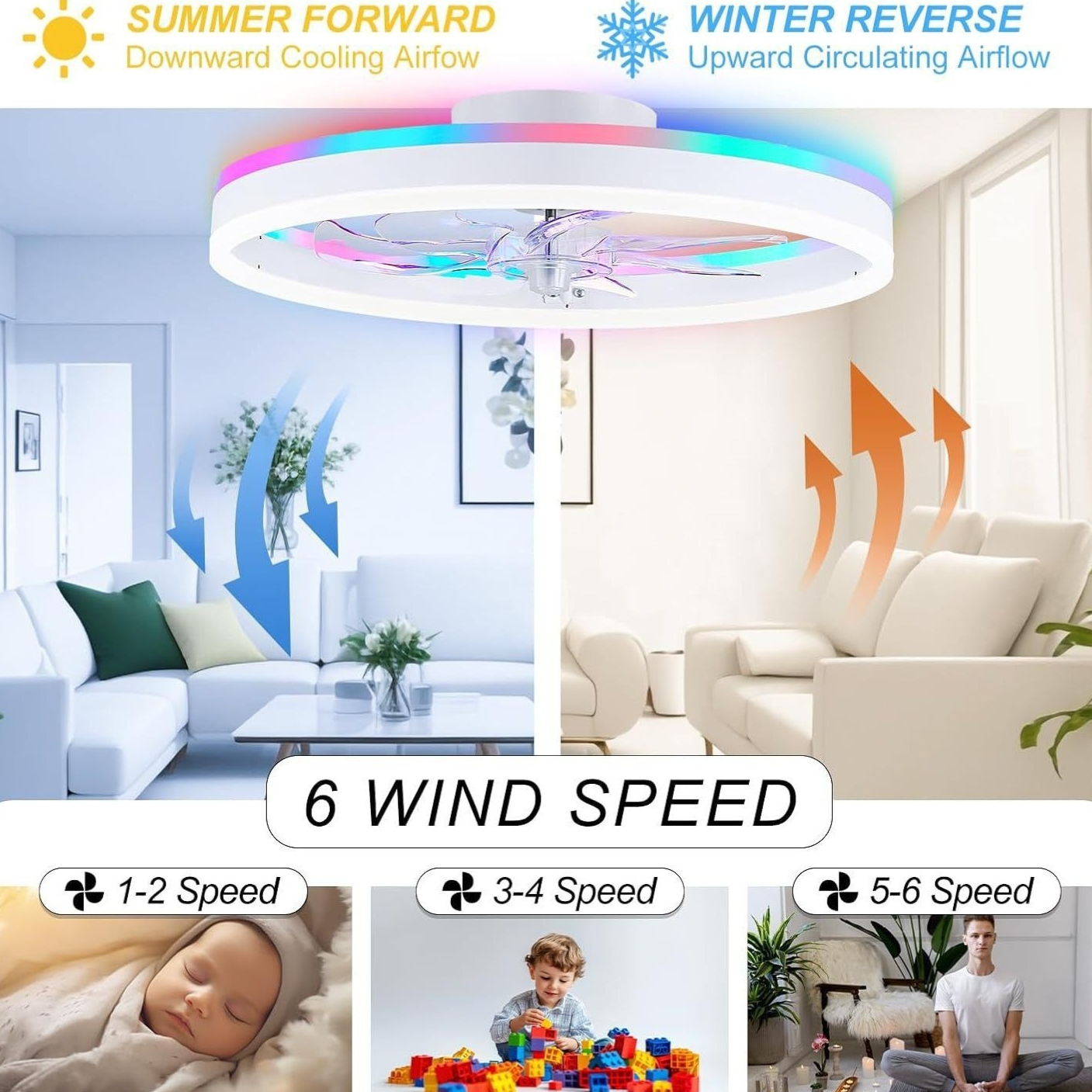 RGB Colorful Smart Bedroom Ceiling Fan Light