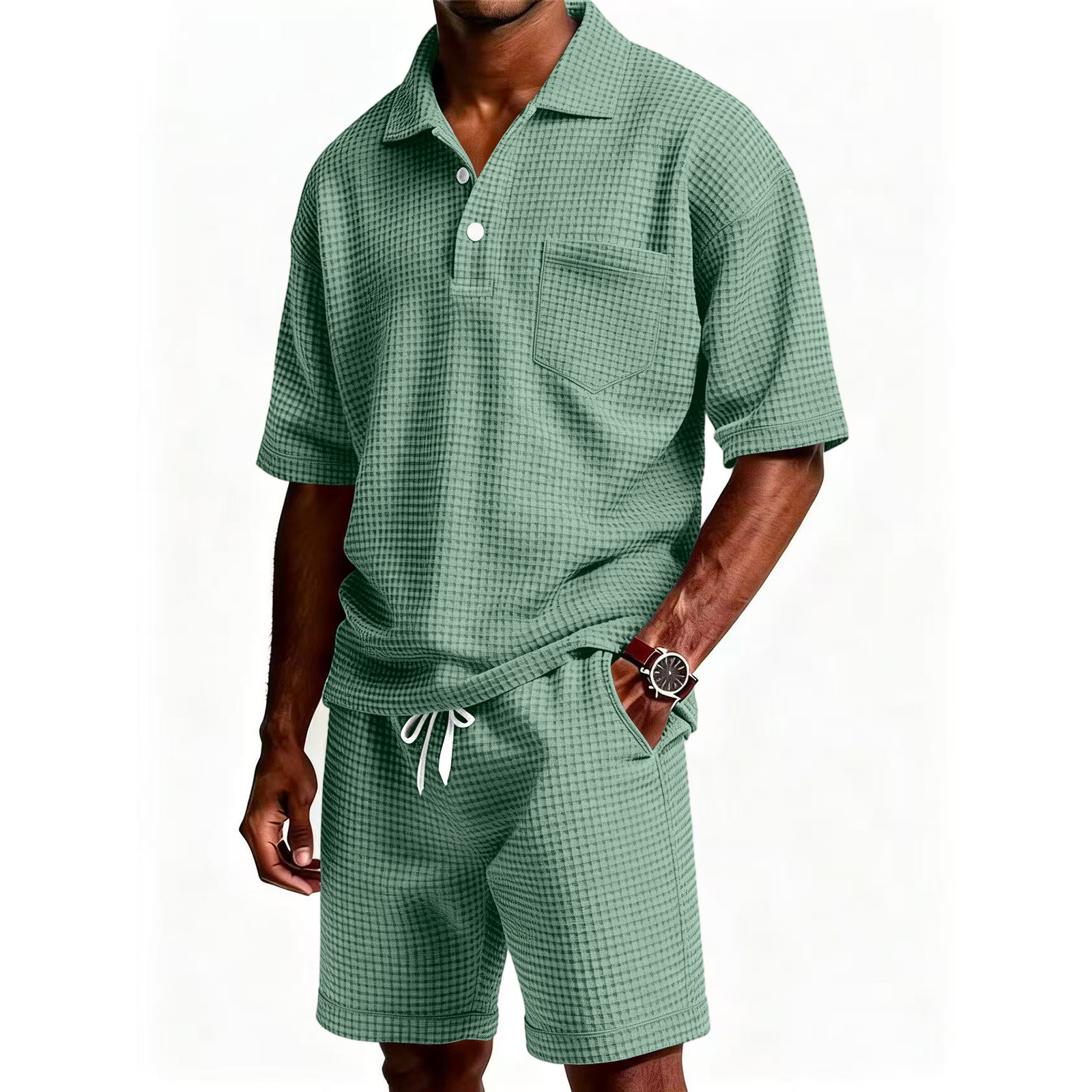 Men's Solid Color Lapel Short-Sleeve Shorts Set 3b4e4323 8e21 45d5 9728 4d0ebb7c313b