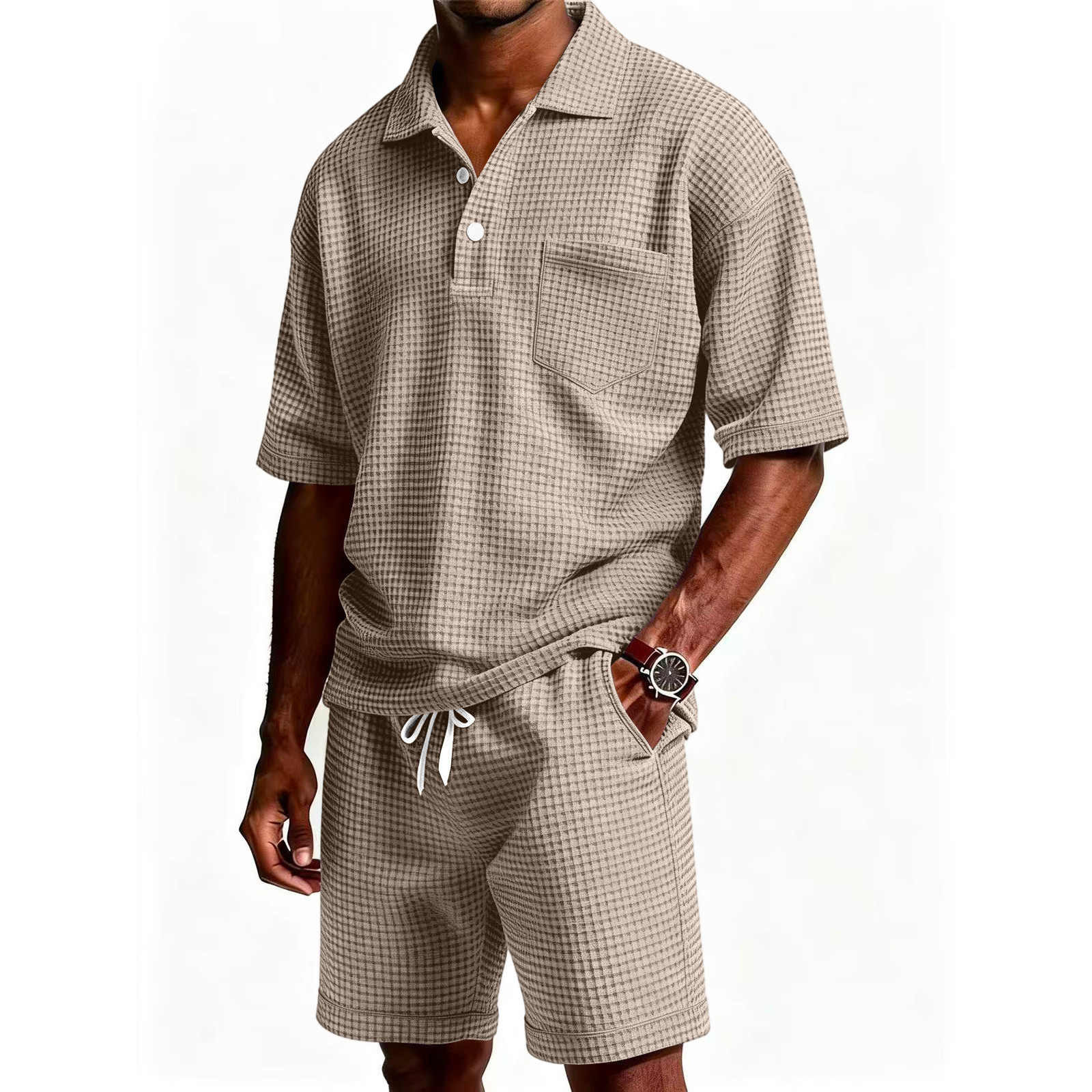 Men's Solid Color Lapel Short-Sleeve Shorts Set 68e6ef3f D303 46e1 9521 C615f2e740bf