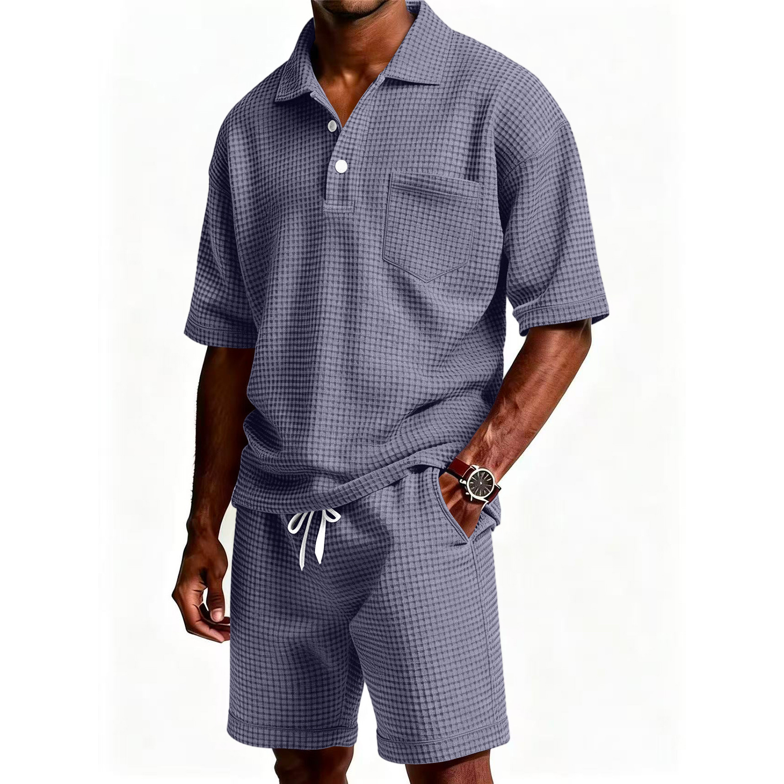 Men's Solid Color Lapel Short-Sleeve Shorts Set C88bd25a 2f4d 40f7 937a Fce3f04fb32a