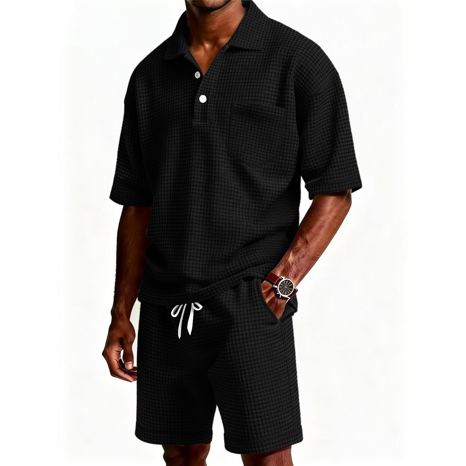 Men's Solid Color Lapel Short-Sleeve Shorts Set D9f3567b 426d 4c5a B8fb 877579d2e9cb